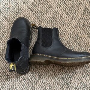 Dr. Martens black leather Chelsea boot with yellow stitching. US size 7